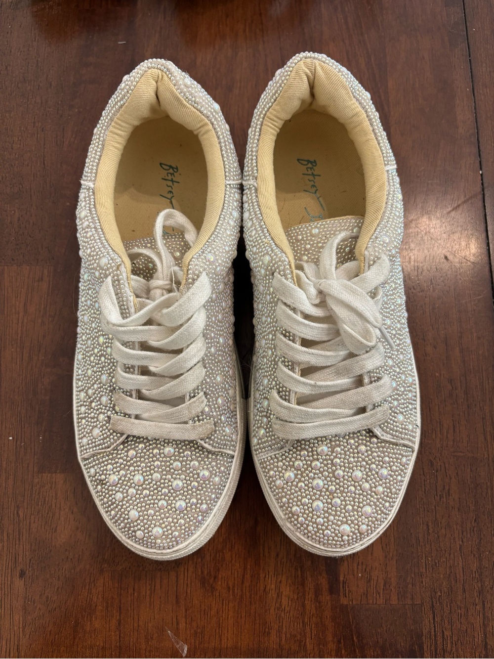 Betsey Johnson Ivory Pearl & Crystal Embellished Sneakers